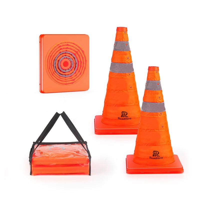 RoadHero 18 Inch 2 Pack Collapsible Traffic Safety Cones, Multi Purpose Pop-up Cones with Reflective Collar for Road Safety, Orange Cones for Driving Training, Parking Lots - Image 1